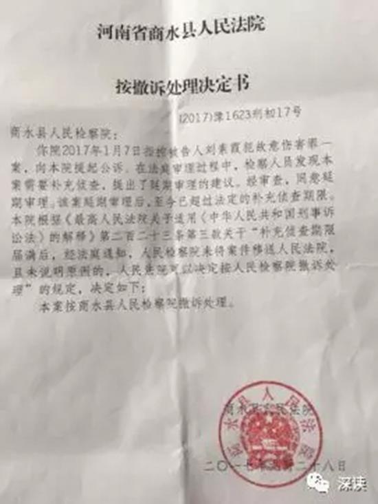 河南省商水县人民法院对商水县检察院出具的按撤诉处理决定书